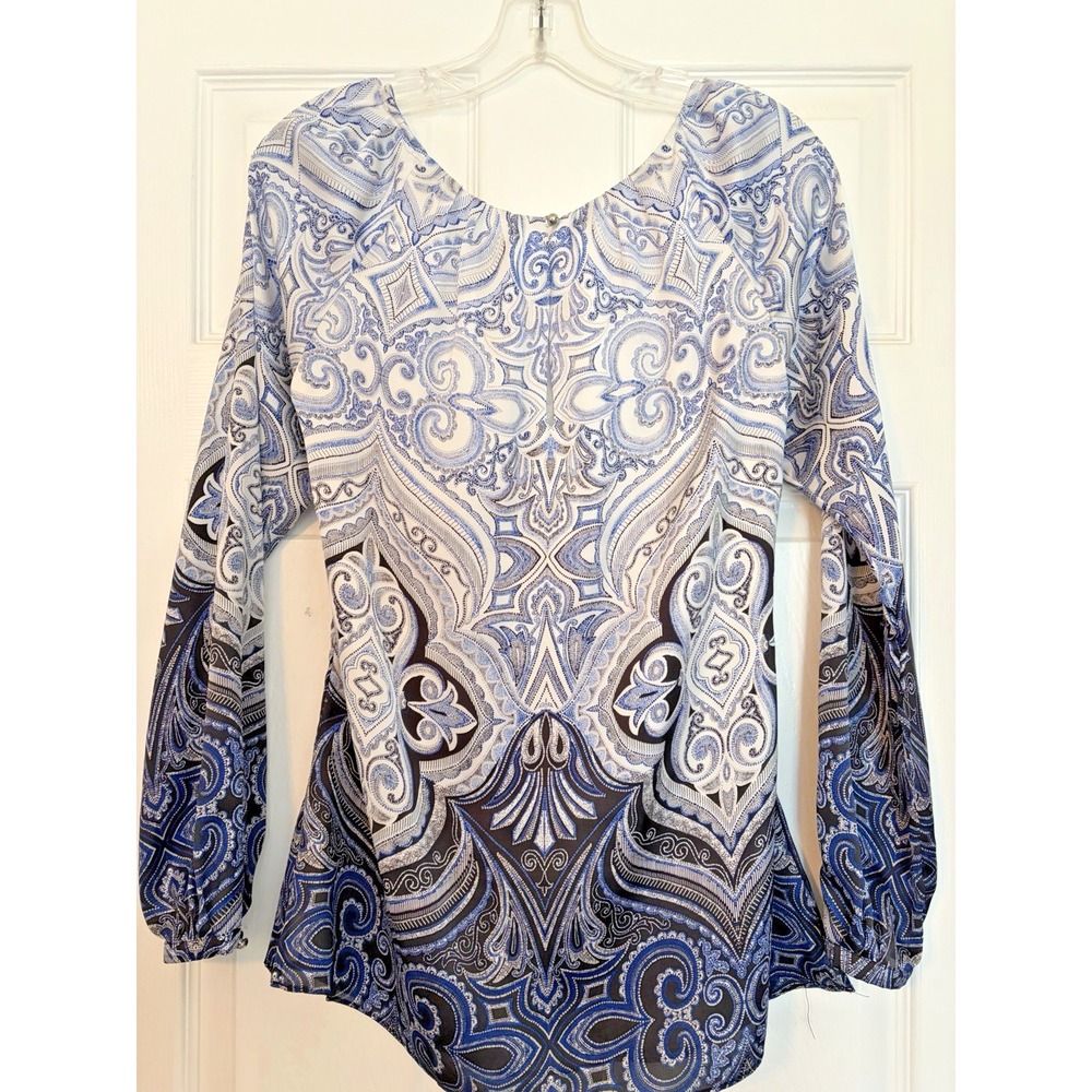 White House‎ Black Market Blue Paisley Silky Blouse Size Small Long Sleeve - Picture 6 of 10